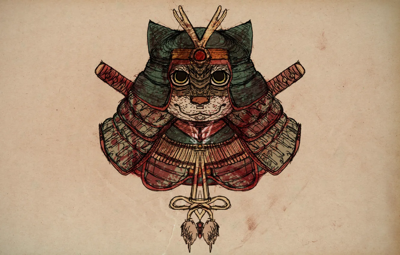 Photo wallpaper cat, figure, samurai