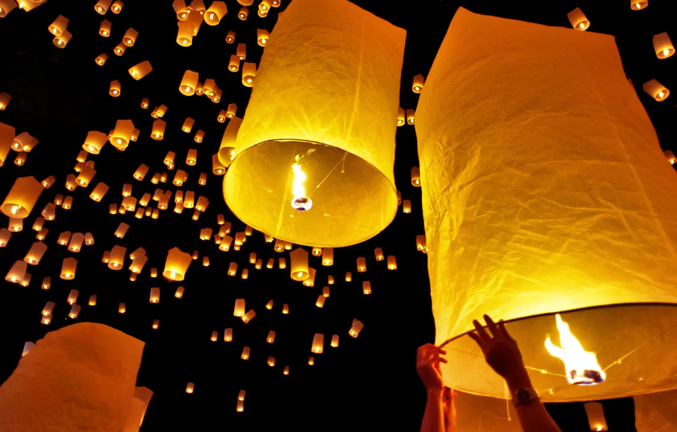 Photo wallpaper the sky, night, lights, Thailand, lanterns, Loy Krathong, Chiang Mai