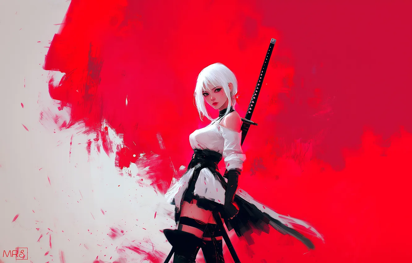 Photo wallpaper girl, sword, fantasy, minimalism, blue eyes, katana, brunette, samurai