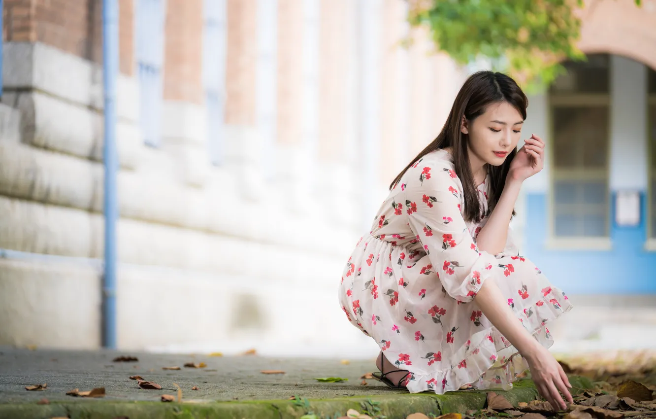 Photo wallpaper girl, dress, Asian, cutie, bokeh