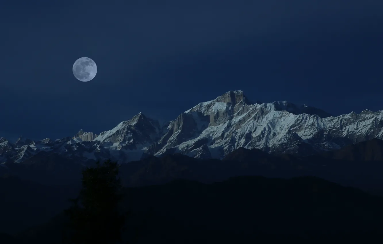 Photo wallpaper the sky, snow, mountains, night, nature, rocks, the moon, the full moon