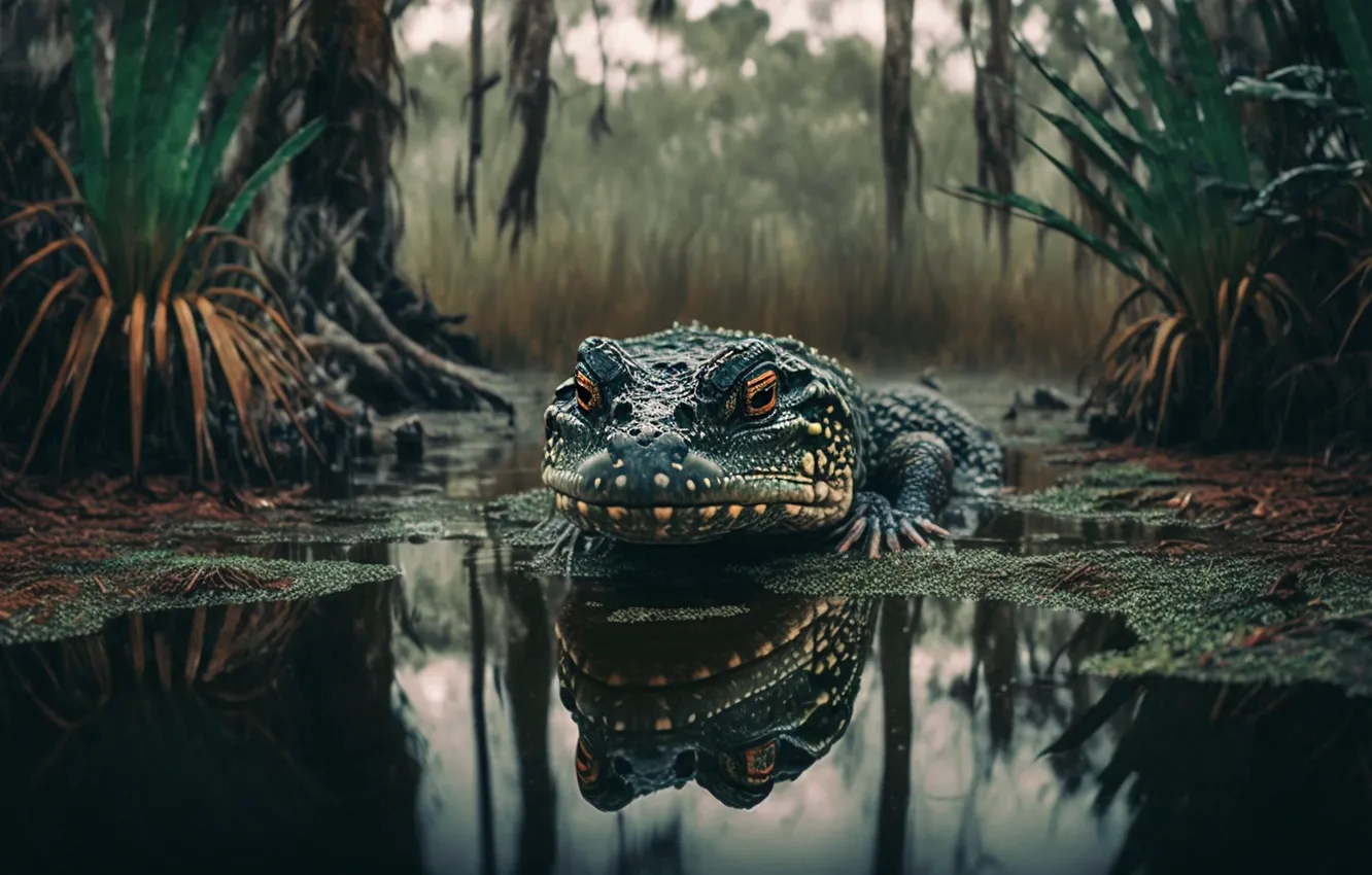 Photo wallpaper face, reflection, rendering, shore, vegetation, graphics, crocodile, art