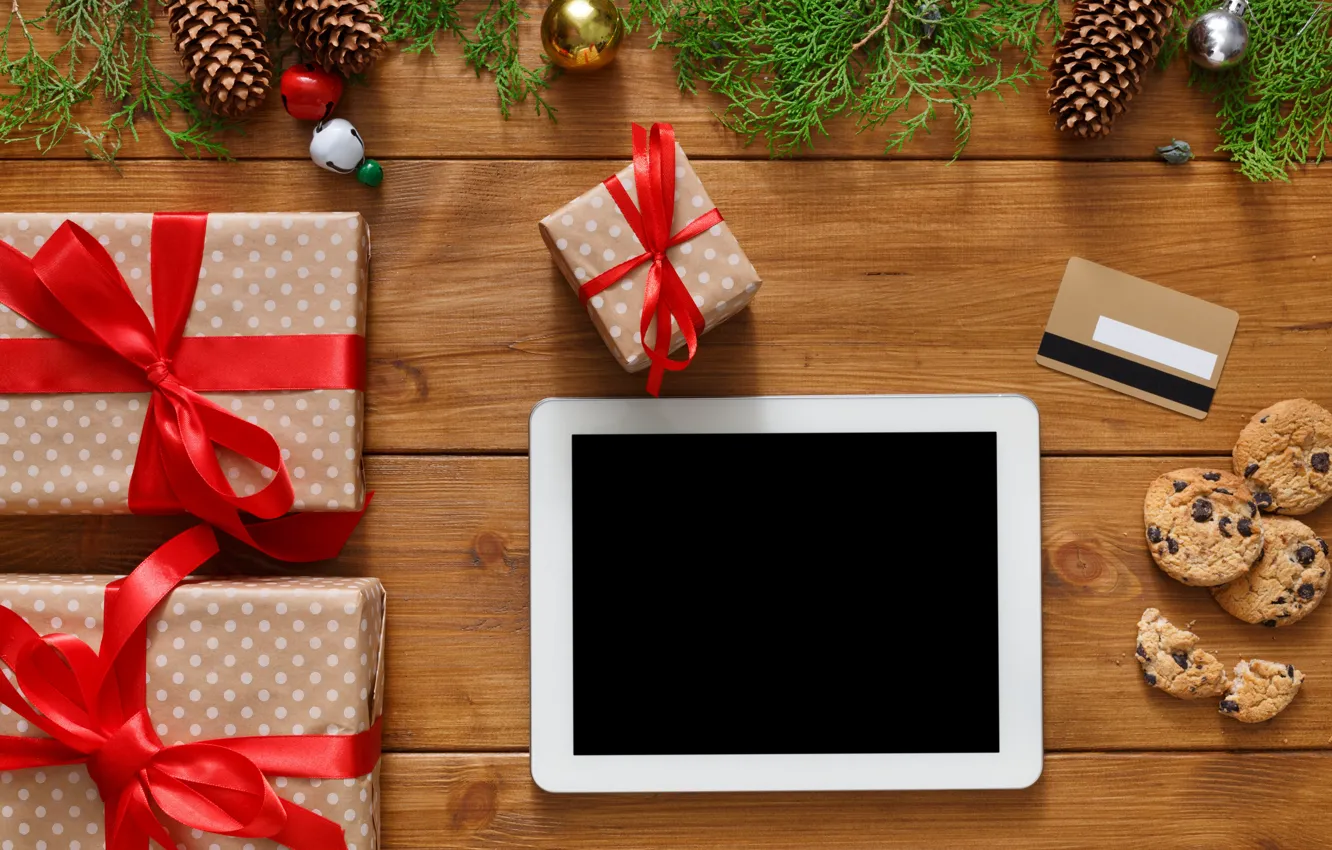 Photo wallpaper decoration, gift, balls, new year, Christmas, Christmas, tablet, wood