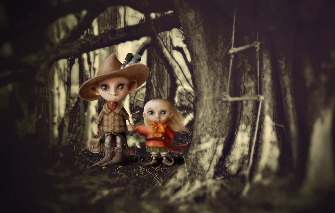 Photo wallpaper forest, children, boy, art, girl, fangs, vampire