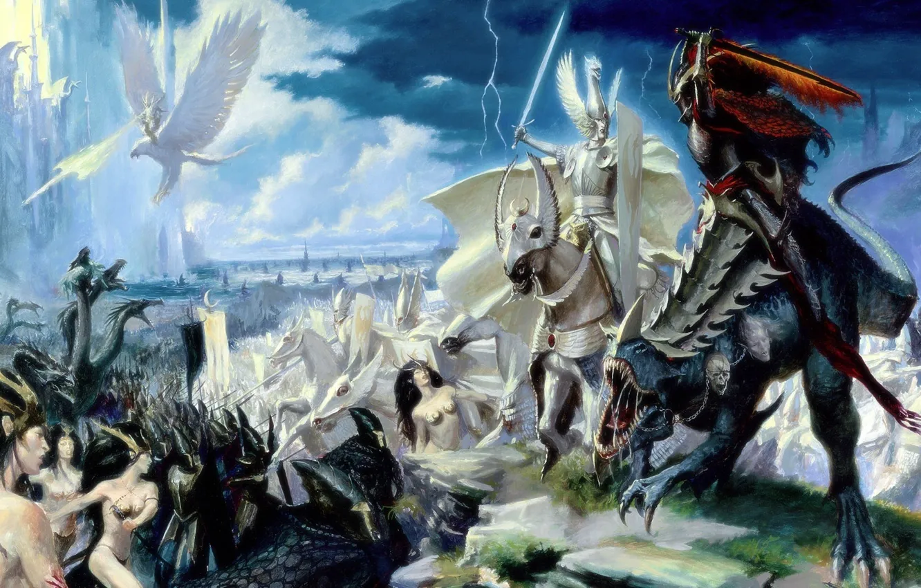 Photo wallpaper elves, battle, the battle, Warhammer, riders, dark
