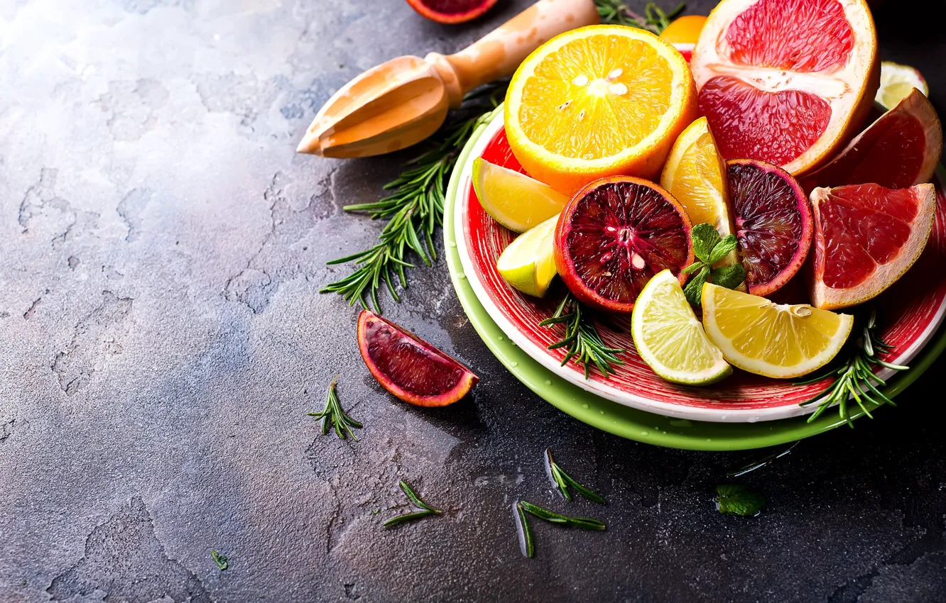 Photo wallpaper lemon, orange, citrus, grapefruit, rosemary