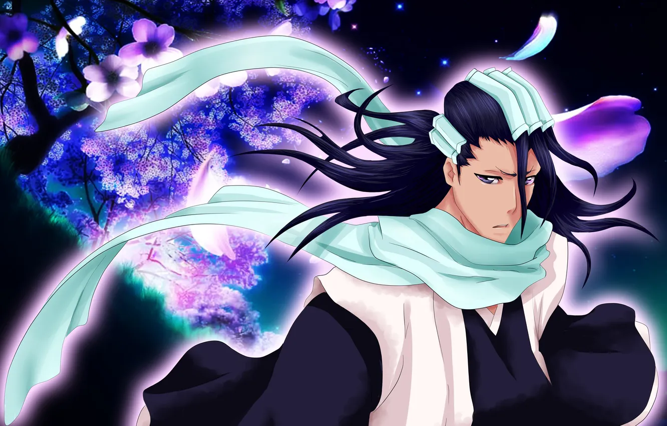 Photo wallpaper look, tree, Sakura, scarf, guy, Bleach, Bleach, art