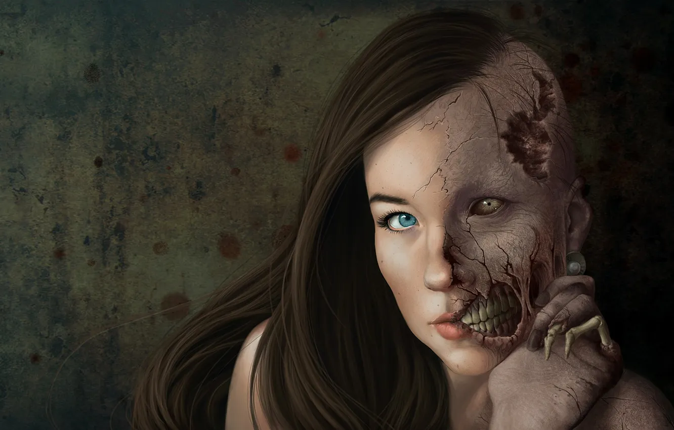 Photo wallpaper eyes, girl, face, fiction, hair, hands, art, skeleton