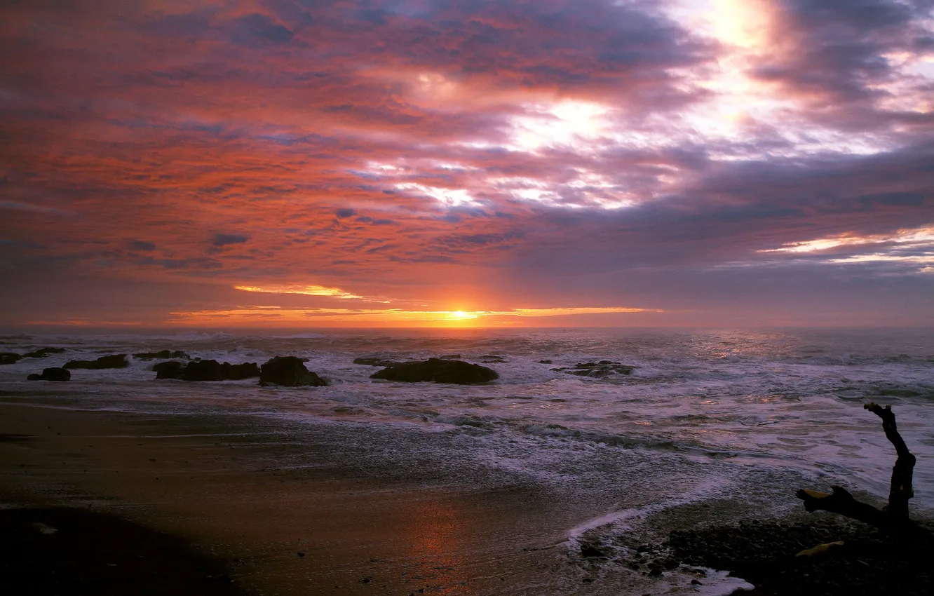 Photo wallpaper sea, wave, beach, sunset, clouds, stones