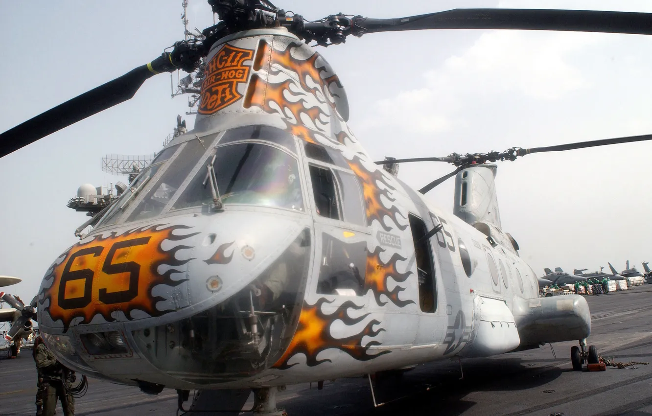 Photo wallpaper the deck of the ship, bright colors, Combat helicopter