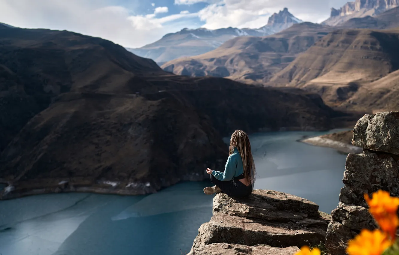 Photo wallpaper pose, girl, mountains, the situation, nature, meditation, Mike Naumenko