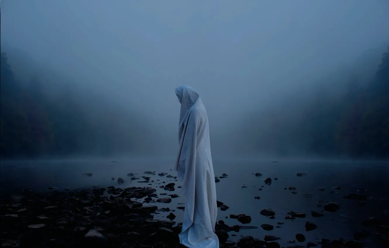 Photo wallpaper fog, river, figure, sheet