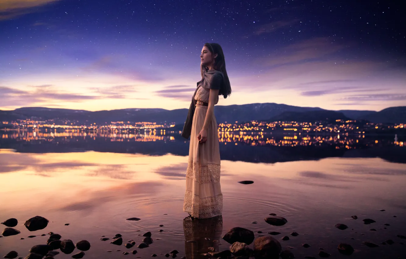 Photo wallpaper the sky, girl, night, the city, reflection, stars, Lichon, Lucy in the sky