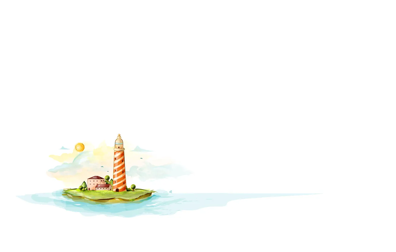 Photo wallpaper sea, the sun, clouds, trees, lighthouse, seagulls, home, island