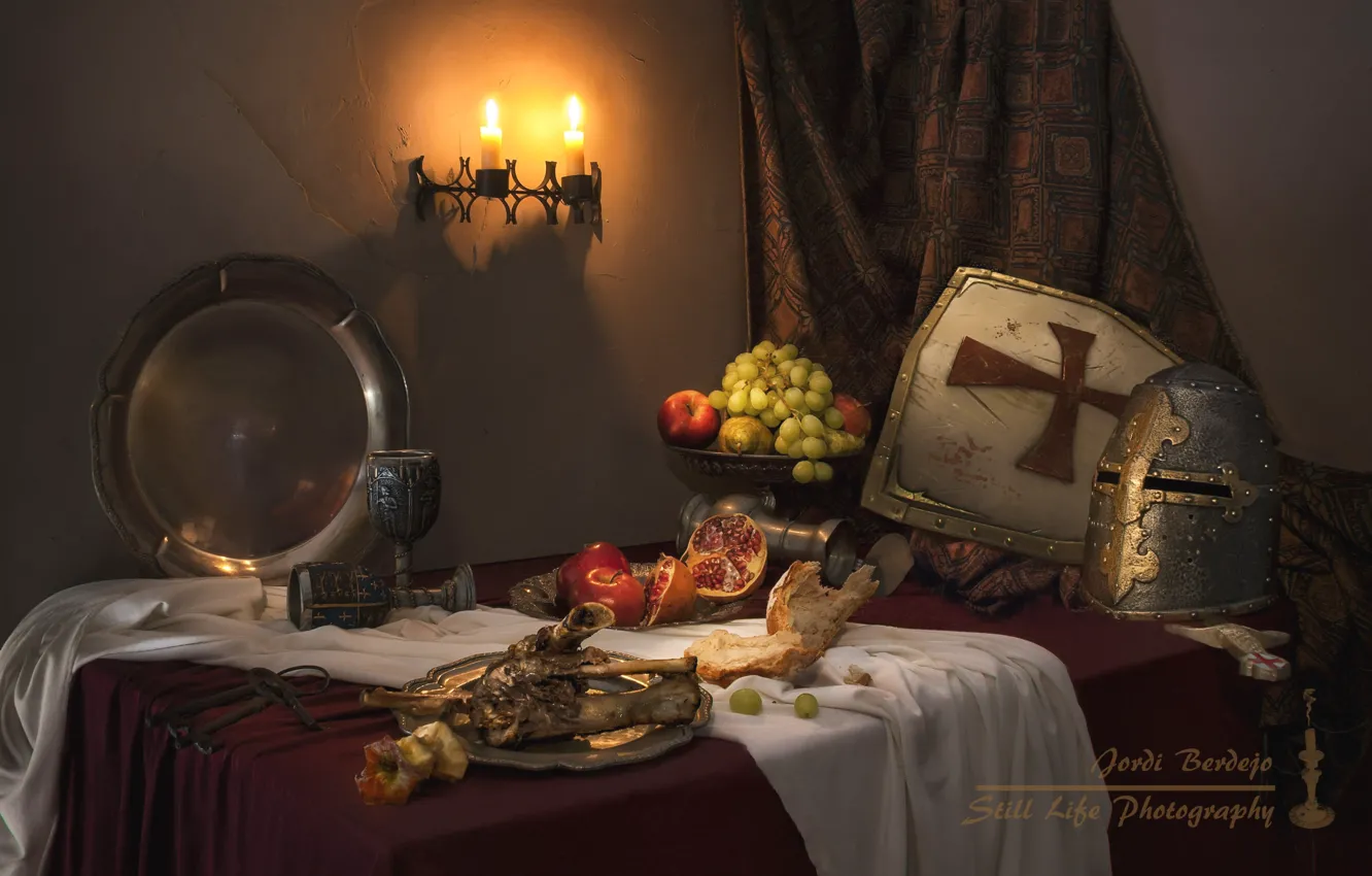Photo wallpaper style, apples, armor, candles, grapes, bones, fruit, still life