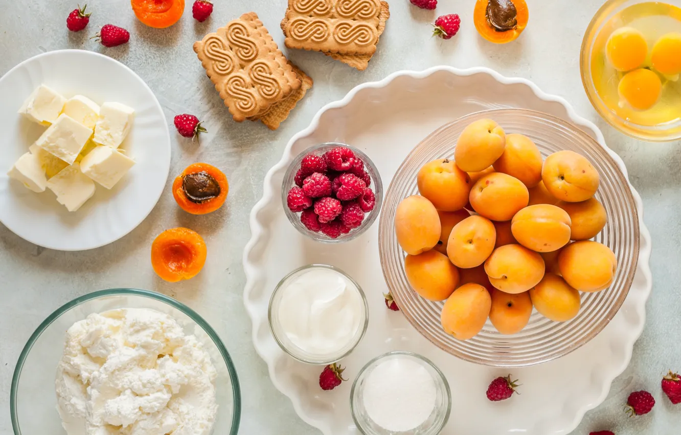 Photo wallpaper raspberry, oil, eggs, milk, cookies, apricots, cheese, sour cream