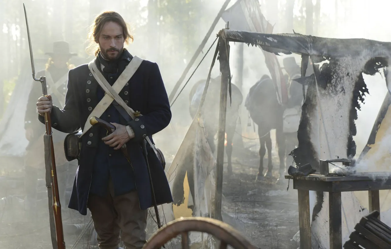 Photo wallpaper cinema, battlefield, sword, gun, forest, fox, trees, smoke