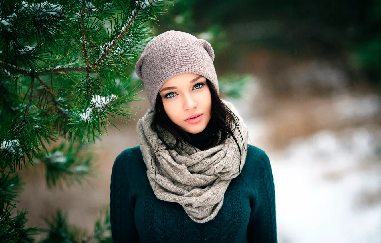 Photo wallpaper the beauty, cap, Angelina Petrova, Denis Petrov, Winter girl