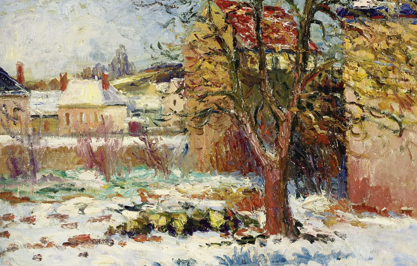 Photo wallpaper landscape, house, tree, picture, Georges Henri Manzana Pissarro, Georges-Henri Manzana-Pissarro, The Snow Effect. Nesel