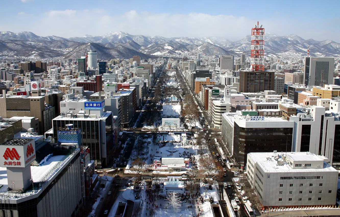 Photo wallpaper winter, snow, mountains, street, building, Japan