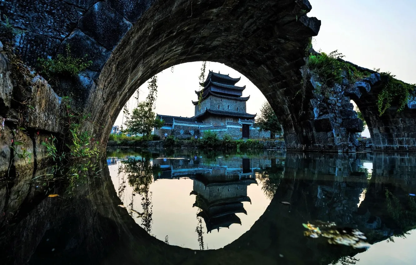 Photo wallpaper lake, reflection, castle, arch