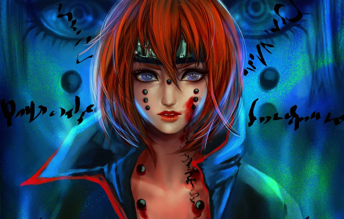 Photo wallpaper look, girl, labels, blood, art, red, naruto, pain