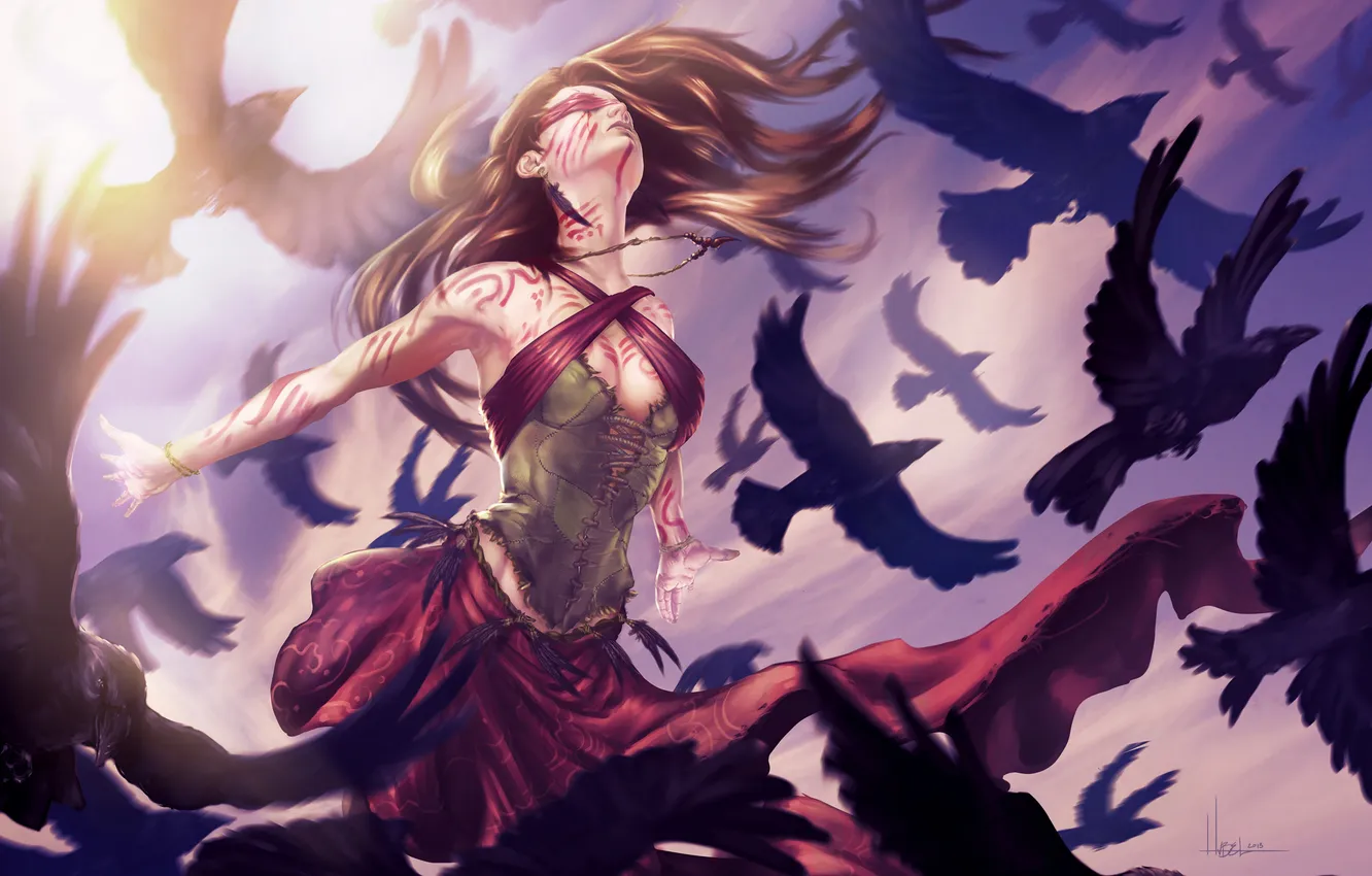 Photo wallpaper girl, bird, pattern, art, crows, headband, coloring