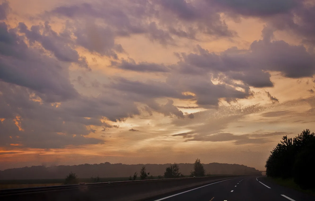 Photo wallpaper road, clouds, trees, sunset