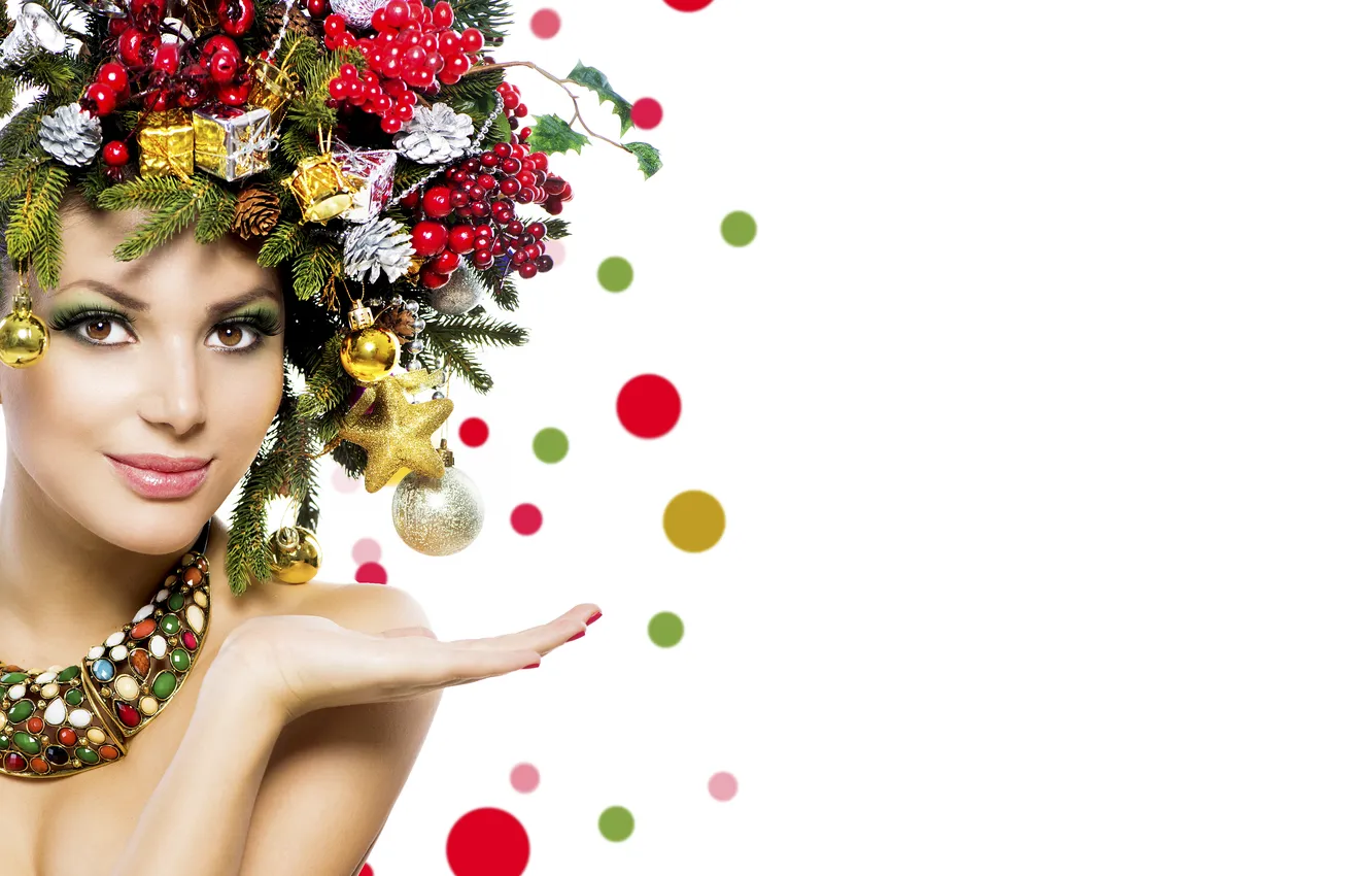Photo wallpaper girl, decoration, branches, smile, berries, holiday, balls, toys