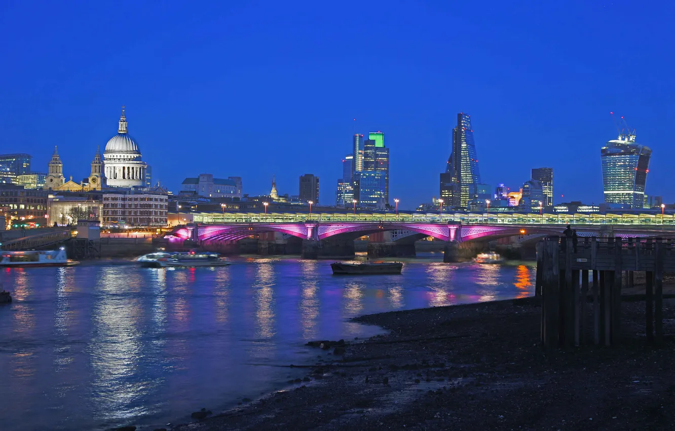 Photo wallpaper night, bridge, lights, England, London, home, Cathedral, the river Thames