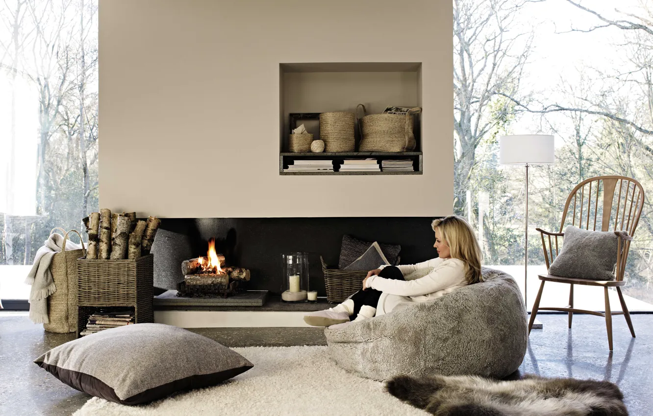 Photo wallpaper girl, heat, chair, pillow, fireplace, cozy