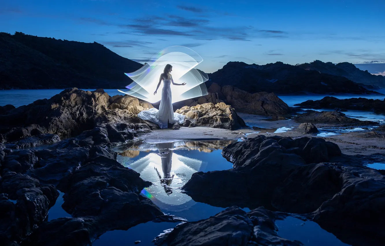 Photo wallpaper the sky, girl, light, landscape, night, nature, pose, style