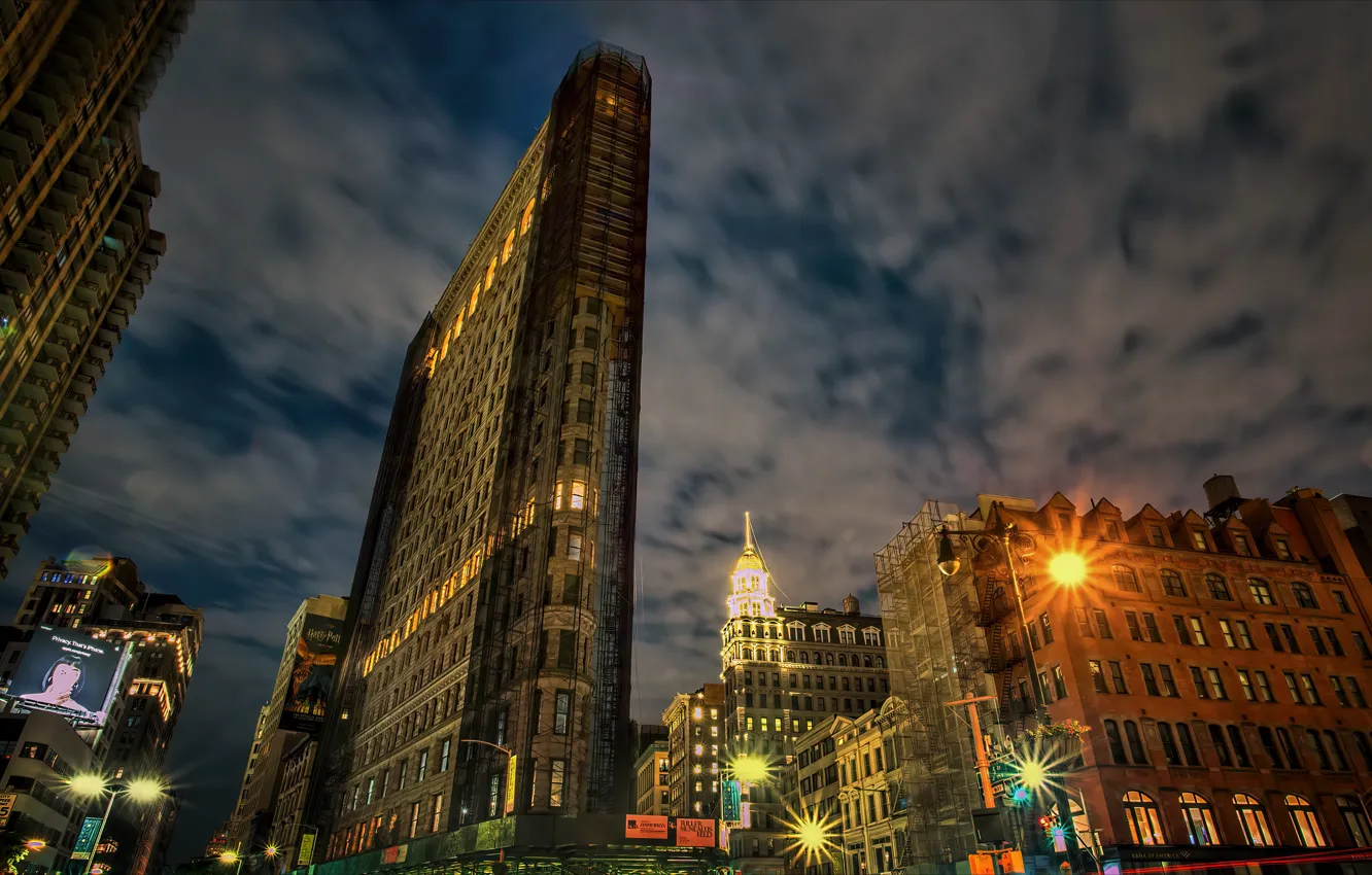 Photo wallpaper building, home, New York, night city, New York City, skyscraper, Flatiron building, Flat Iron Building
