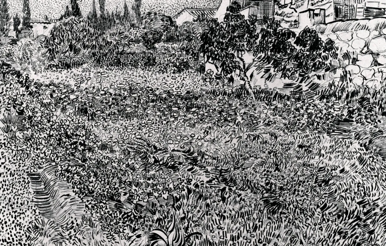 Photo wallpaper flowers, vegetation, plants, black and white, Vincent van Gogh, Garden with, Flowers 2