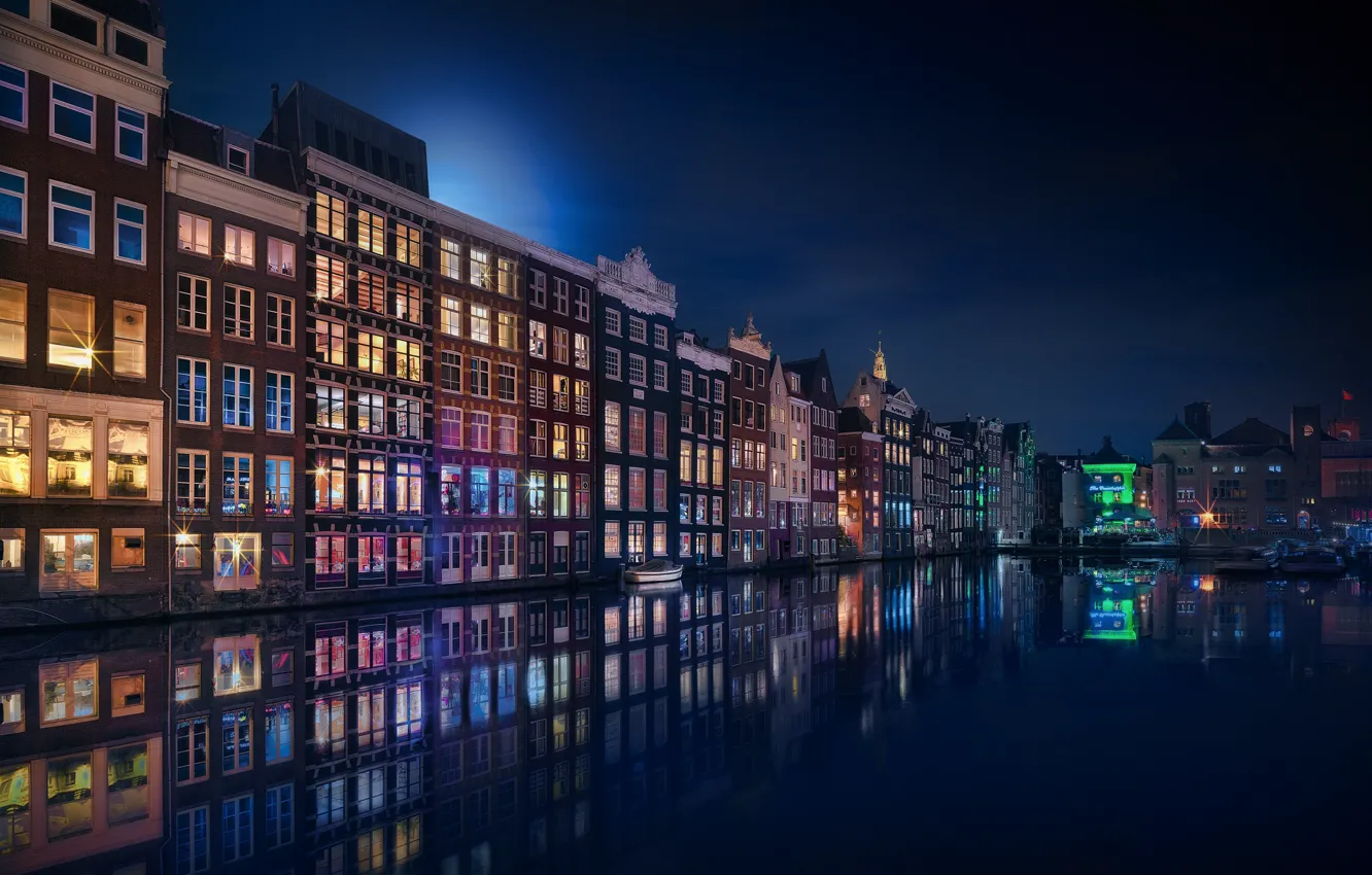 Photo wallpaper light, reflection, night, the city, lights, Amsterdam, channel, Netherlands