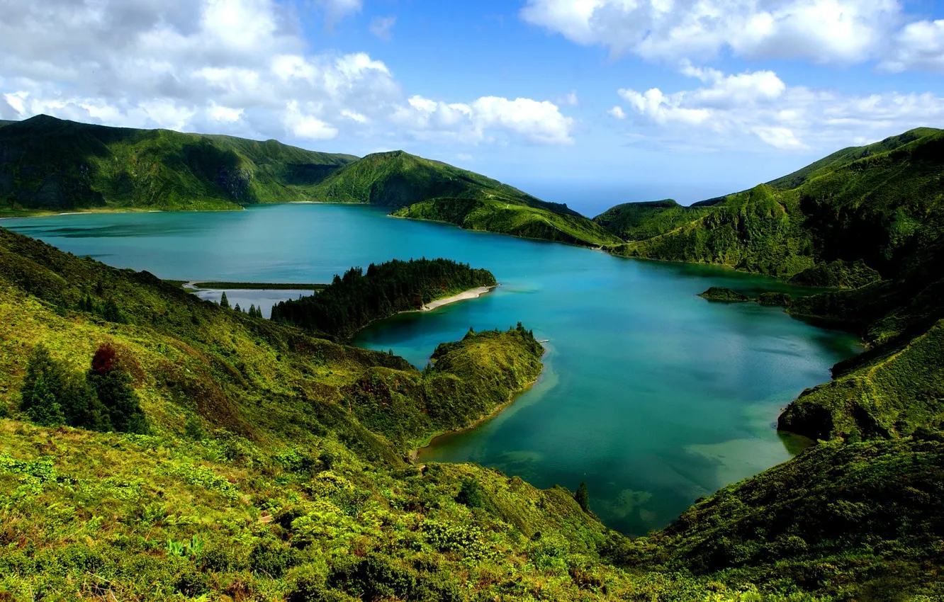 Photo wallpaper greens, forest, the sky, clouds, trees, mountains, lake, hills