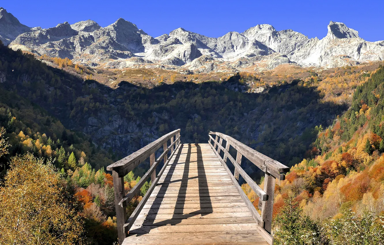 Photo wallpaper the sky, mountains, bridge