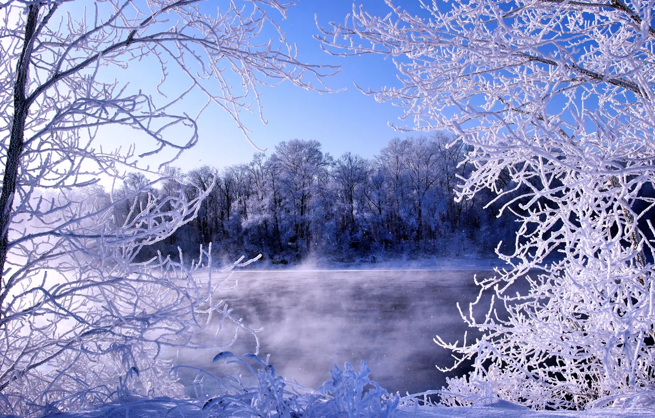 Photo wallpaper winter, frost, river, frost
