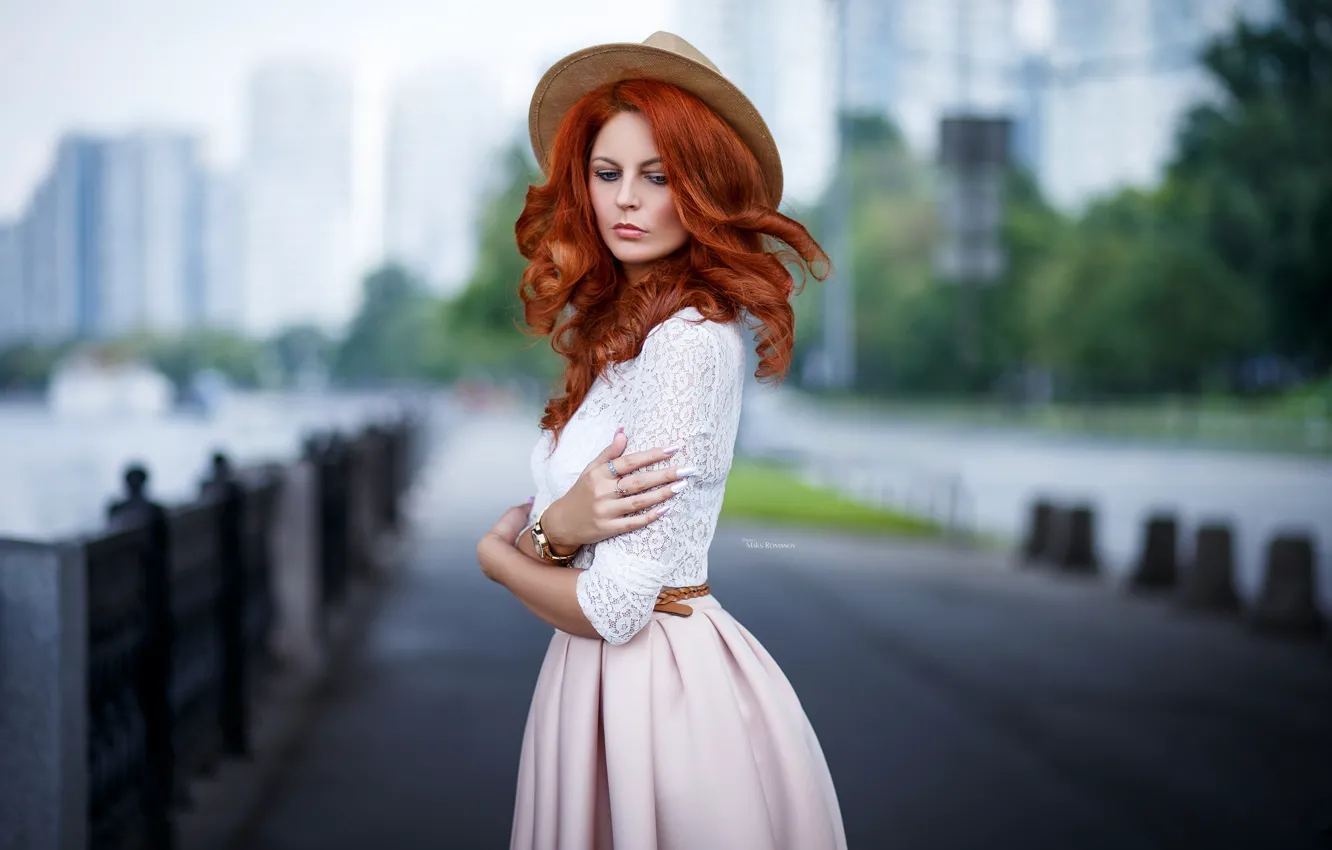 Photo wallpaper girl, dress, red, hat, Maxim Romanov