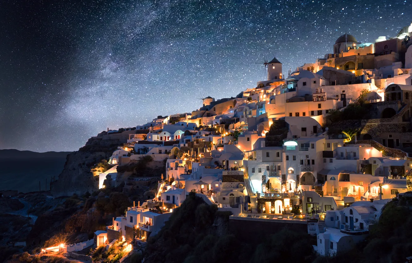 Photo wallpaper stars, night, the city, lights, Greece, the milky way