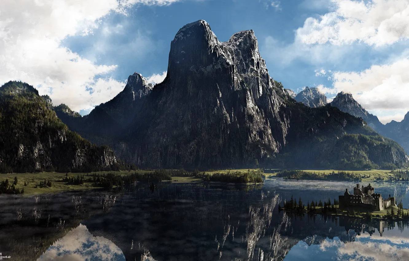 Photo wallpaper mountains, reflection, castle, pond, North
