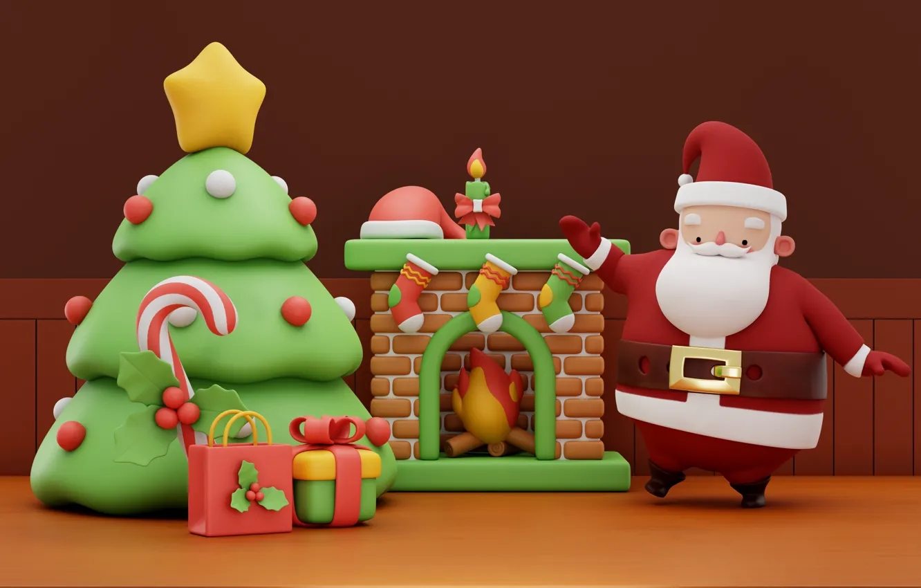 Photo wallpaper rendering, gift, toy, new year, Christmas, socks, fireplace, Santa Claus