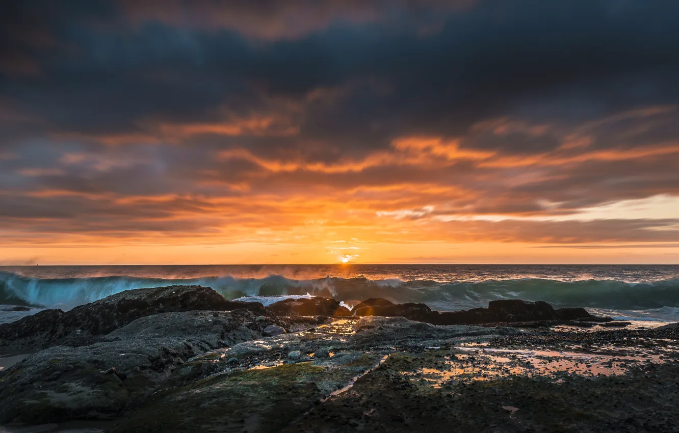 Photo wallpaper wave, sunset, the ocean, coast