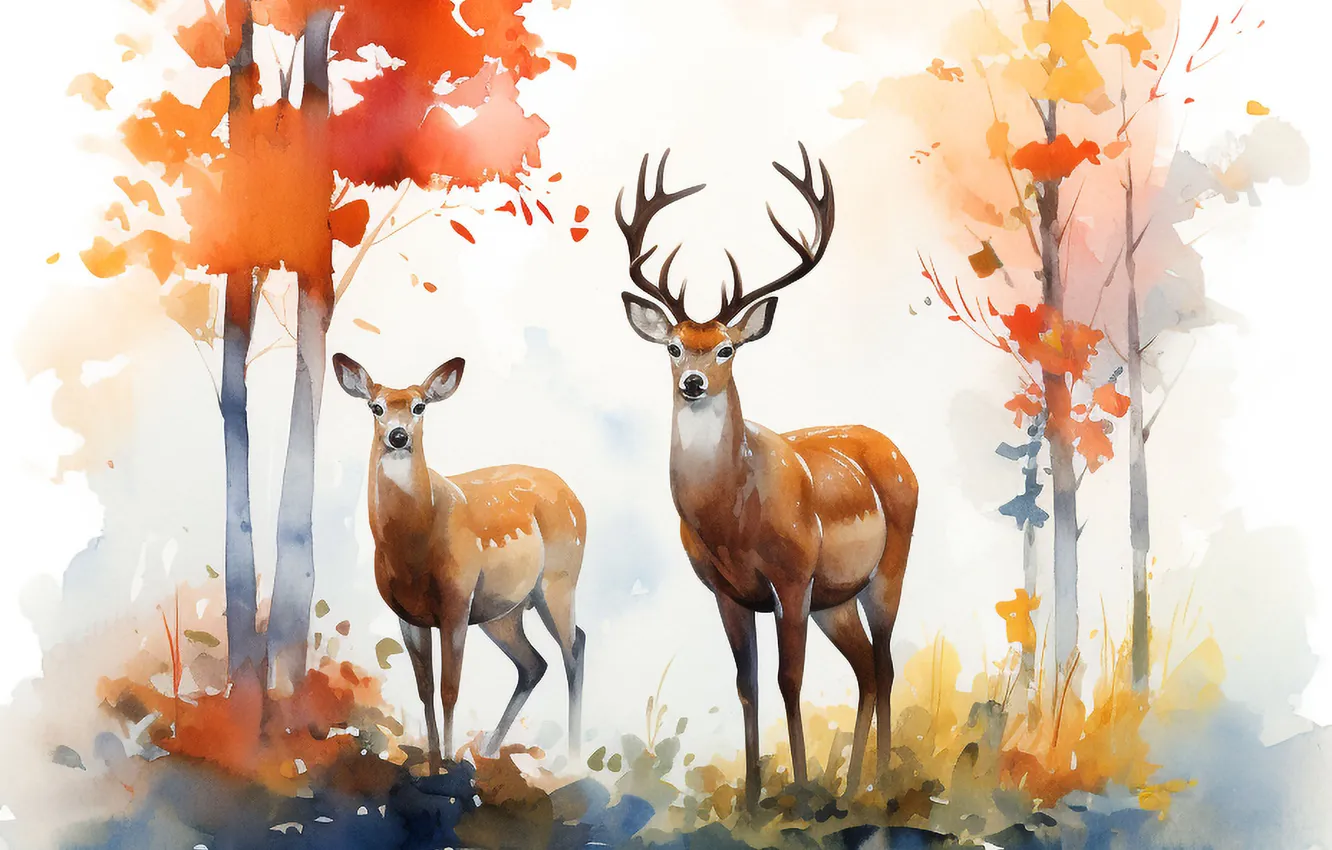 Photo wallpaper Water, Trees, Two, Art, Deer, Digital art, AI art, The Art of Artificial Intelligence