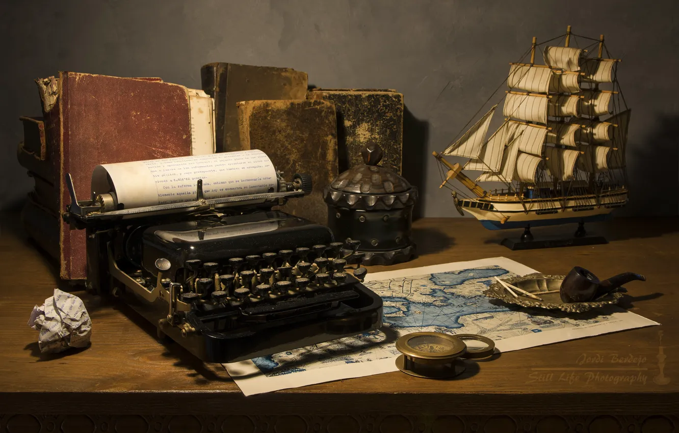 Photo wallpaper ship, books, tube, typewriter, still life