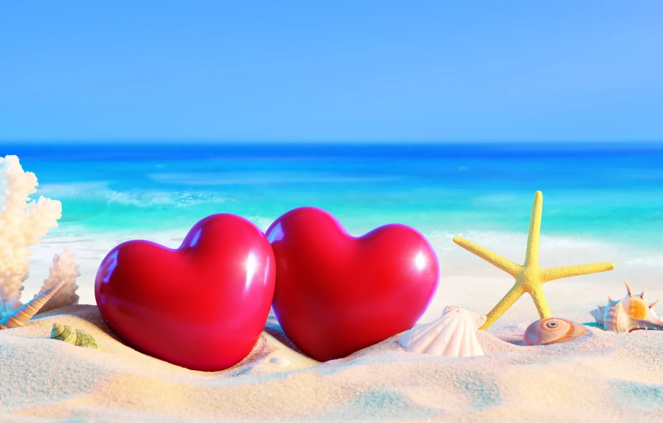 Photo wallpaper sand, sea, beach, love, heart, vacation, shell, love