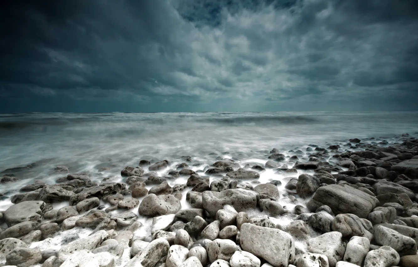 Photo wallpaper sea, landscape, clouds, storm, stones, storm, landscape