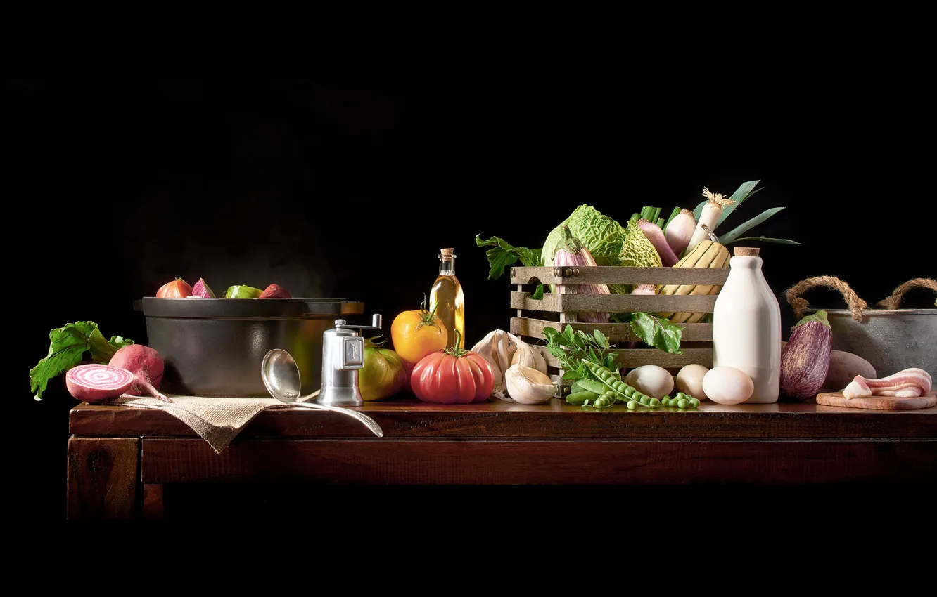 Photo wallpaper oil, eggs, milk, bow, peas, eggplant, tomatoes, cabbage