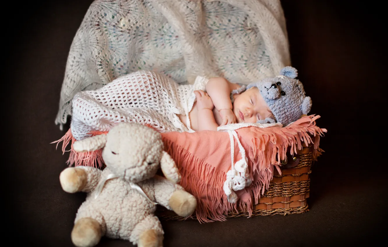 Photo wallpaper children, basket, hat, toy, sleep, baby