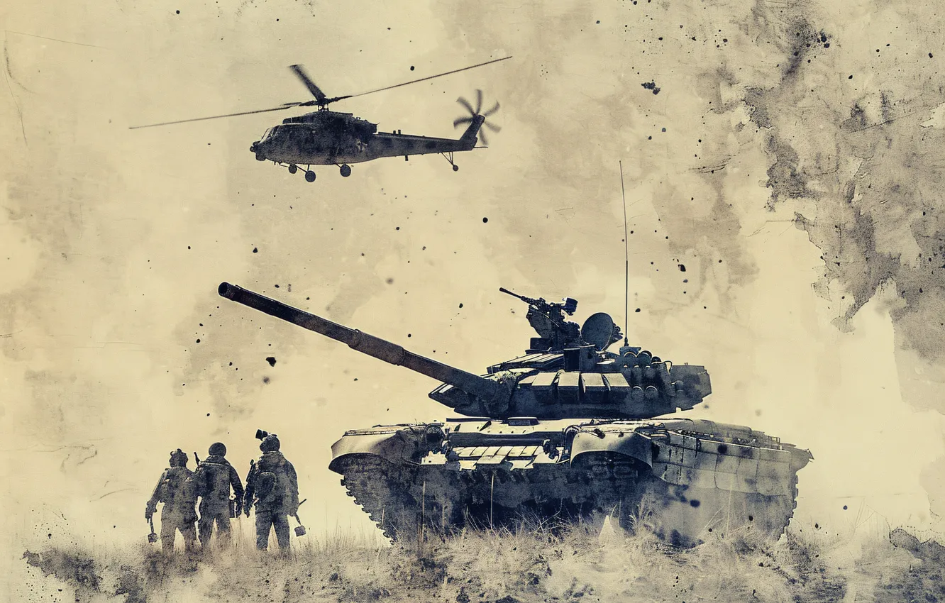 Photo wallpaper retro, smoke, dust, soldiers, tank, black and white, helicopter, digital art